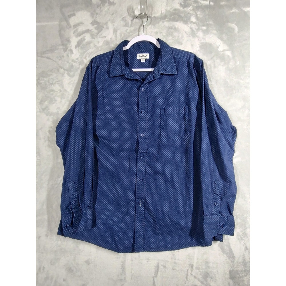 Haggar Mens XL Navy Blue Geometric Diamond Print Cotton Button Down Shirt LS